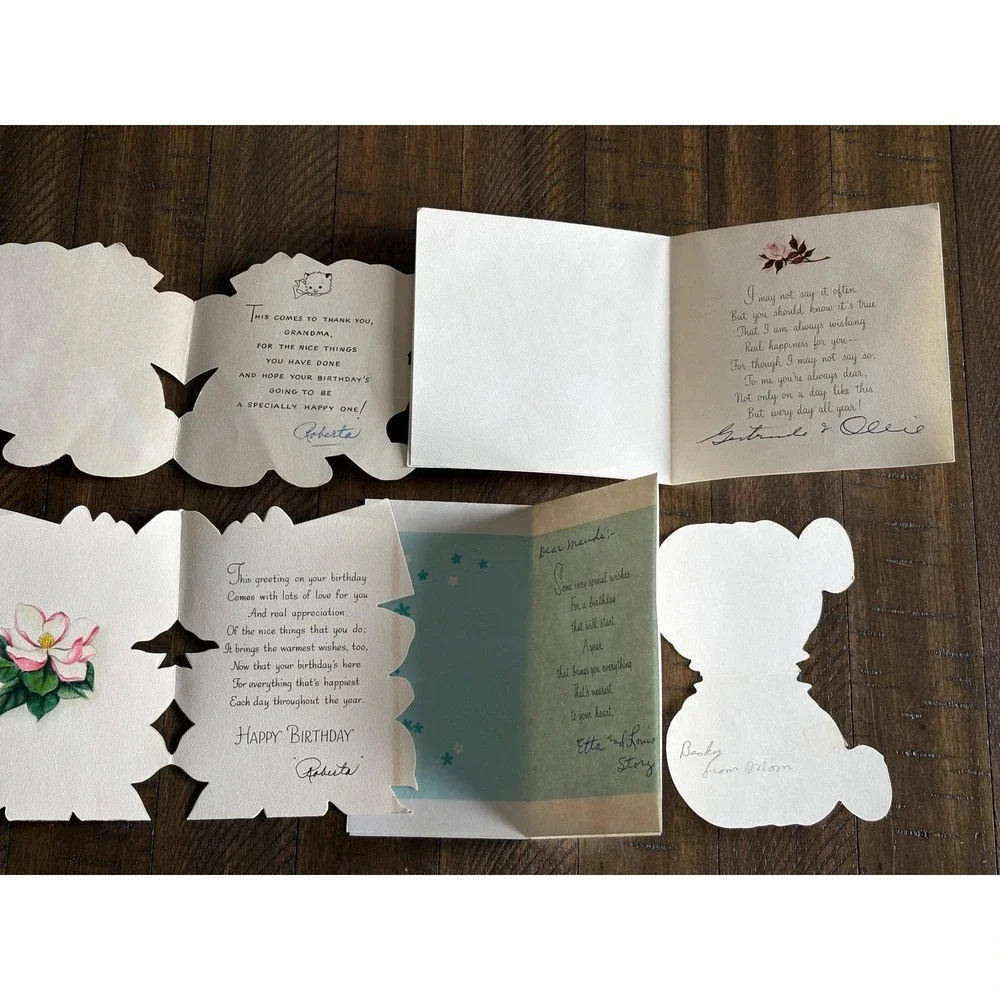 5 VTG Birthday Cards Signed 1950's Tomatoe Kitten Magnolia Rise Hallmark Mica‎